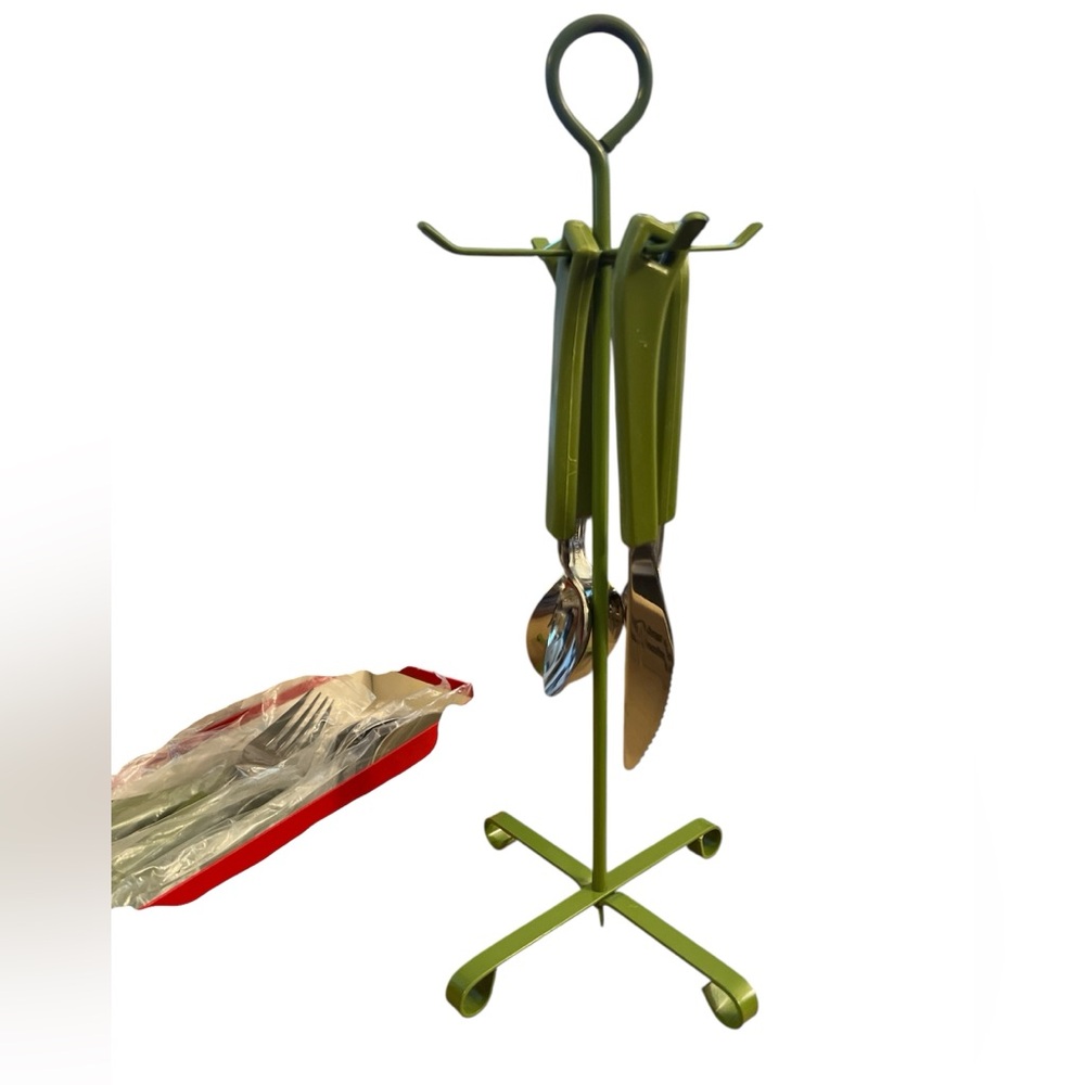 Vintage avocado green Stainless Japan Cutlery Set new old stock with rack